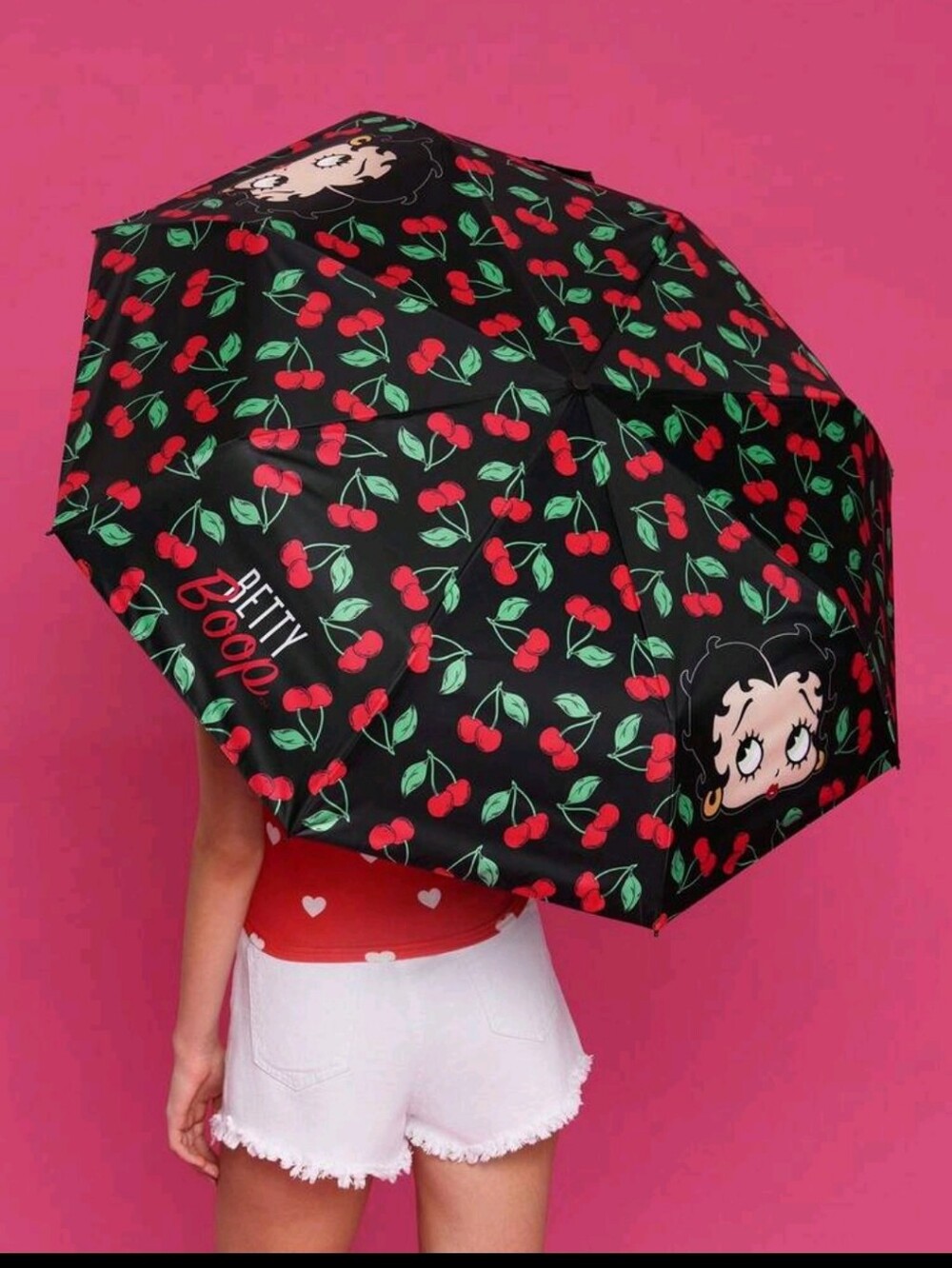 🆕️🍒🍒 RETRO PIN UP BETTY BOOP CHERRY BLACK COMPACT UMBRELLA🍒🍒
